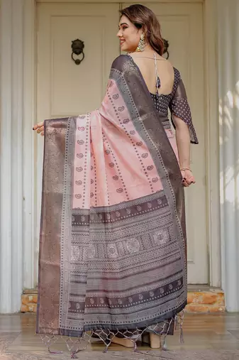 Women's ethnic handloom cotton floral printed saree with blouse