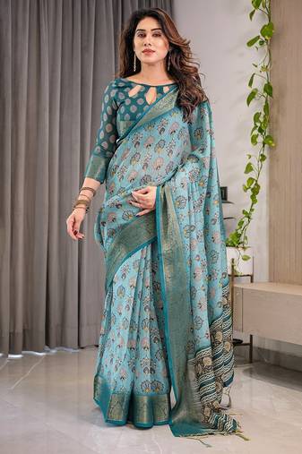 Everyday elegance handloom linen weaved with golden zari floral saree with blouse piece     5.5m