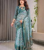 Everyday elegance handloom linen weaved with golden zari floral saree with blouse piece     5.5m