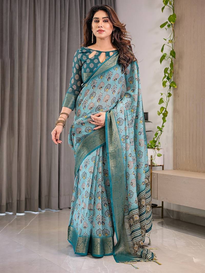 Everyday elegance handloom linen weaved with golden zari floral saree with blouse piece     5.5m