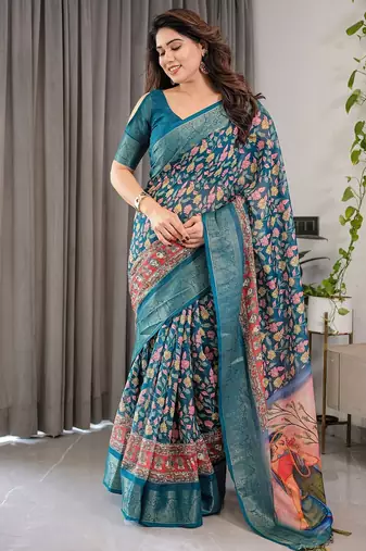 Linen weaved with golden zari handloom saree with digital floral print and tassels     festive wear