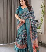 Linen weaved with golden zari handloom saree with digital floral print and tassels     festive wear