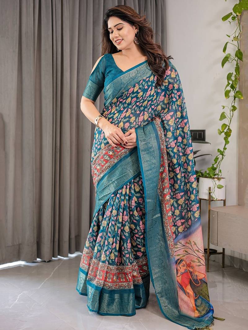 Linen weaved with golden zari handloom saree with digital floral print and tassels     festive wear