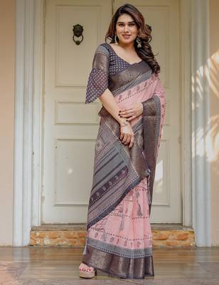 Women's ethnic handloom cotton floral printed saree with blouse 4