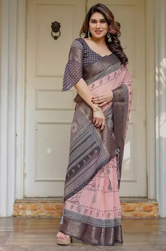 Women's ethnic handloom cotton floral printed saree with blouse