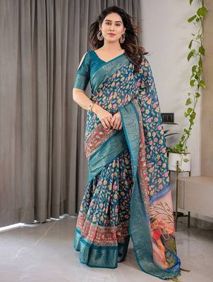 Linen weaved with golden zari handloom saree with digital floral print and tassels     festive wear 2