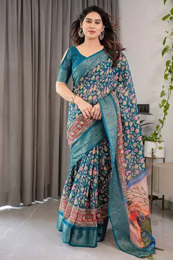 Linen weaved with golden zari handloom saree with digital floral print and tassels     festive wear