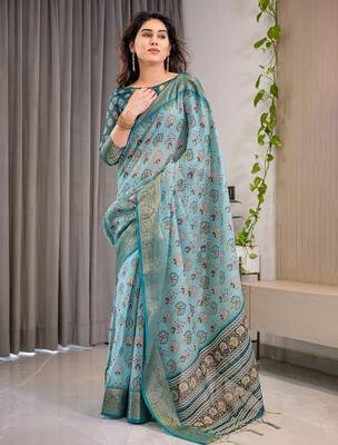 Everyday elegance handloom linen weaved with golden zari floral saree with blouse piece     5.5m 2