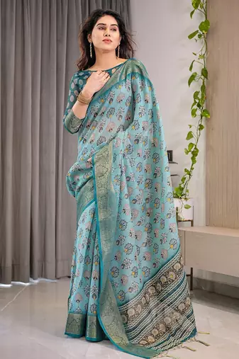Everyday elegance handloom linen weaved with golden zari floral saree with blouse piece     5.5m