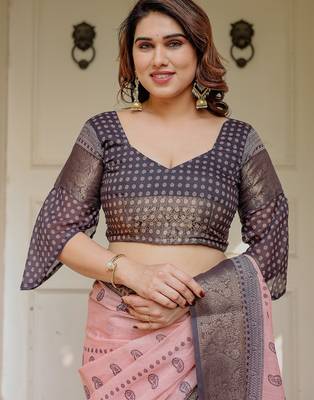 Women's ethnic handloom cotton floral printed saree with blouse 5