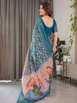 Linen weaved with golden zari handloom saree with digital floral print and tassels     festive wear 3