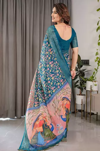Linen weaved with golden zari handloom saree with digital floral print and tassels     festive wear