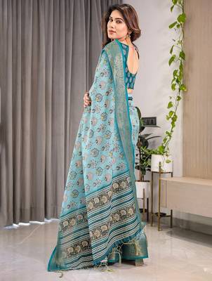 Everyday elegance handloom linen weaved with golden zari floral saree with blouse piece     5.5m 3