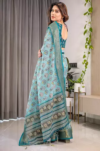 Everyday elegance handloom linen weaved with golden zari floral saree with blouse piece     5.5m
