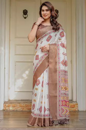 Traditional floral printed handloom cotton saree with attached blouse