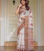 Traditional floral printed handloom cotton saree with attached blouse