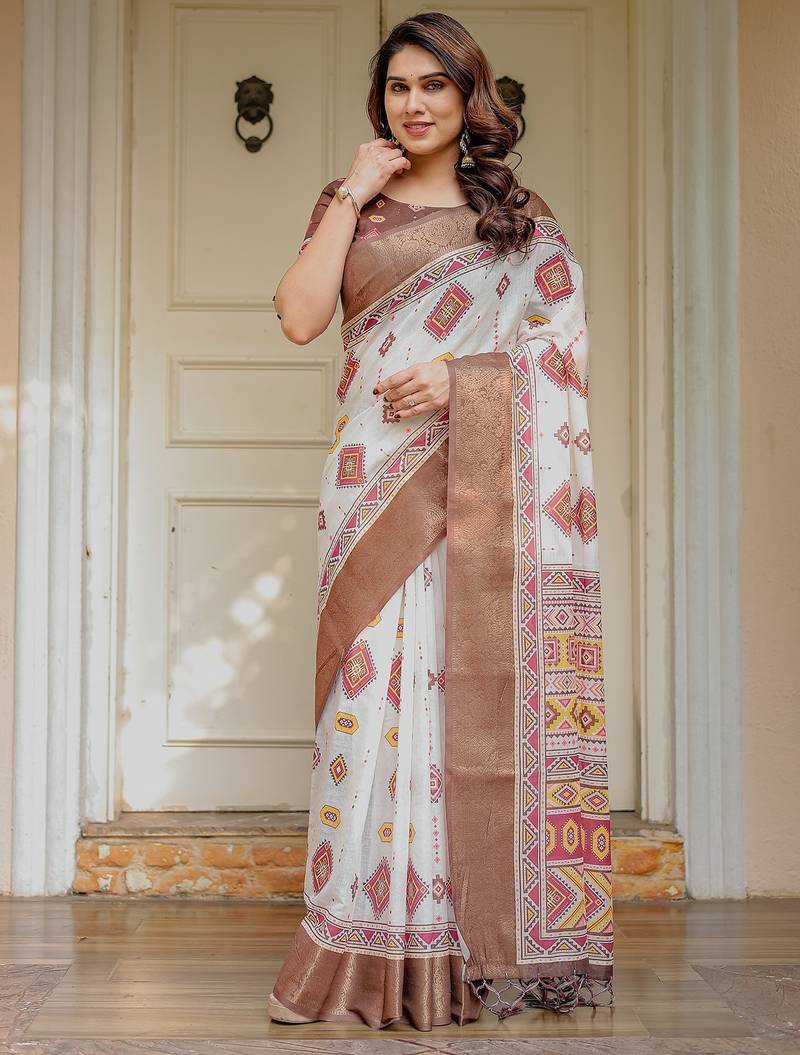 Traditional floral printed handloom cotton saree with attached blouse
