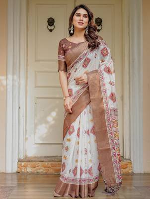Traditional floral printed handloom cotton saree with attached blouse 2