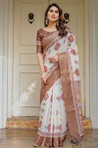 Traditional floral printed handloom cotton saree with attached blouse