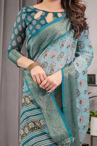 Everyday elegance handloom linen weaved with golden zari floral saree with blouse piece     5.5m