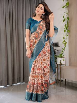 Designer floral print handloom linen weaved with golden zari saree with tassel pallu & blouse 1