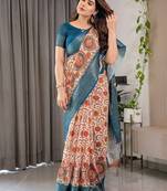 Designer floral print handloom linen weaved with golden zari saree with tassel pallu & blouse