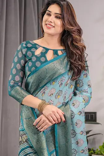 Everyday elegance handloom linen weaved with golden zari floral saree with blouse piece     5.5m