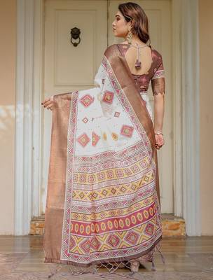 Traditional floral printed handloom cotton saree with attached blouse 3