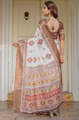 Traditional floral printed handloom cotton saree with attached blouse