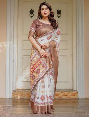 Traditional floral printed handloom cotton saree with attached blouse 4