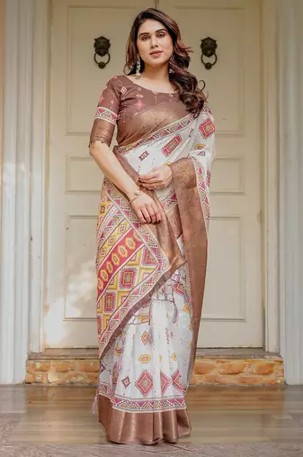 Traditional floral printed handloom cotton saree with attached blouse
