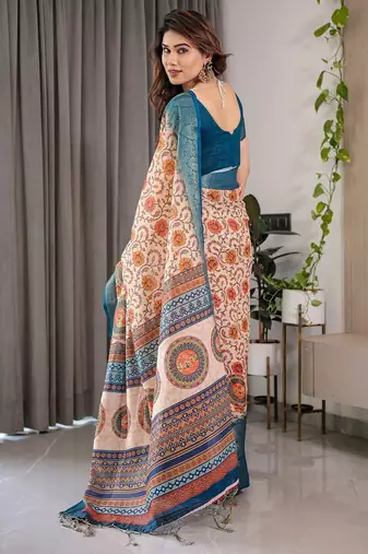 Designer floral print handloom linen weaved with golden zari saree with tassel pallu & blouse