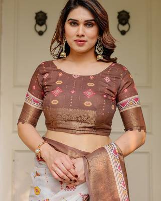 Traditional floral printed handloom cotton saree with attached blouse 5