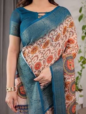 Designer floral print handloom linen weaved with golden zari saree with tassel pallu & blouse 4