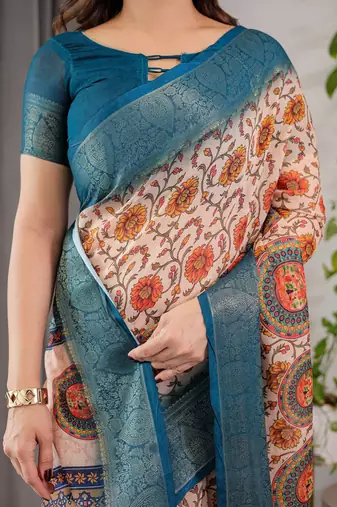 Designer floral print handloom linen weaved with golden zari saree with tassel pallu & blouse
