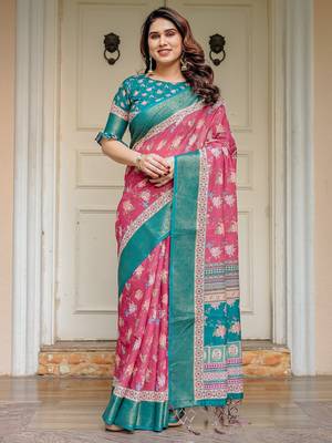 Stylish handloom cotton floral print saree with matching blouse piece 1