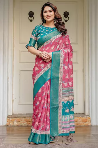 Stylish handloom cotton floral print saree with matching blouse piece