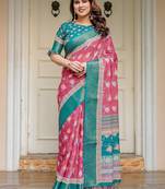 Stylish handloom cotton floral print saree with matching blouse piece
