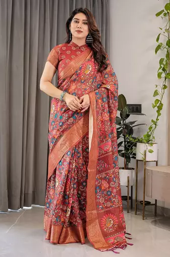 Soft handloom linen weaved with golden zari floral saree with tassels     includes 0.8m blouse