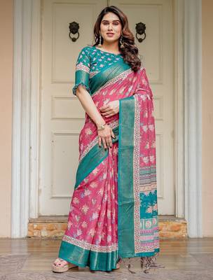 Stylish handloom cotton floral print saree with matching blouse piece 2