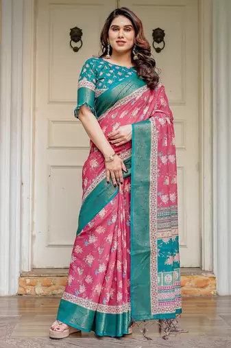 Stylish handloom cotton floral print saree with matching blouse piece