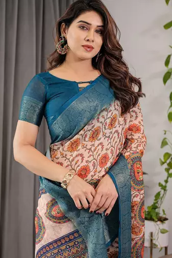 Designer floral print handloom linen weaved with golden zari saree with tassel pallu & blouse