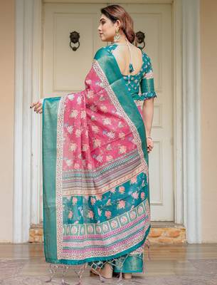 Stylish handloom cotton floral print saree with matching blouse piece 3