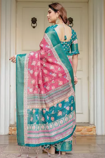 Stylish handloom cotton floral print saree with matching blouse piece