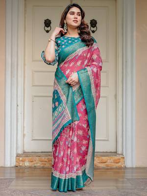 Stylish handloom cotton floral print saree with matching blouse piece 4