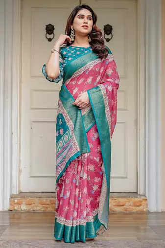 Stylish handloom cotton floral print saree with matching blouse piece