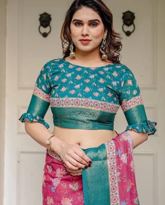 Stylish handloom cotton floral print saree with matching blouse piece 5