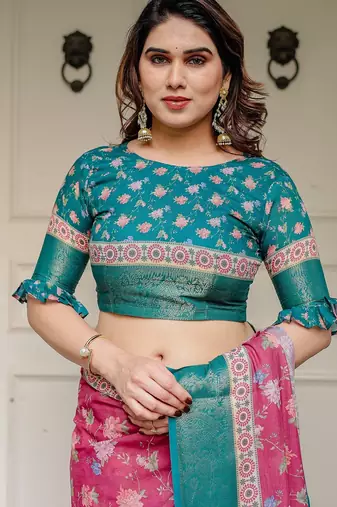 Stylish handloom cotton floral print saree with matching blouse piece