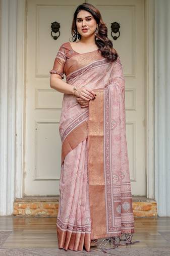 Lightweight handloom cotton floral printed saree for daily wear with blouse