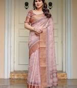 Lightweight handloom cotton floral printed saree for daily wear with blouse